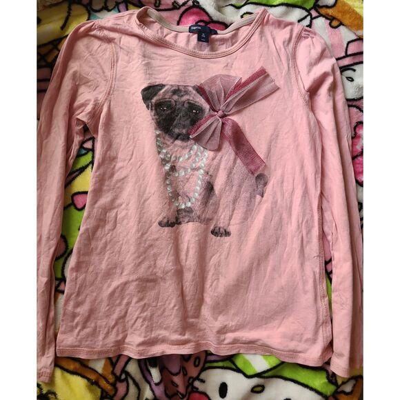 Gap Kids XL 12 Juniors Kids Girls Pink Longsleeve Pug Dog Pearl Necklace Lace - Picture 1 of 6